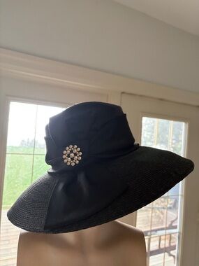 Black Wide-Brim Dress Hat with Rhinestone Brooch
